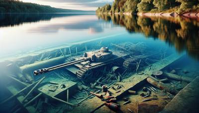 Vue sereine sur le lac avec des vestiges submergés de la Seconde Guerre mondiale.