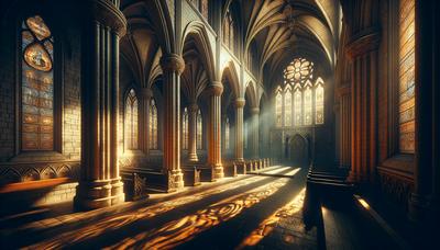 Intérieur d'église ombragé avec la lumière filtrant à travers les fenêtres.