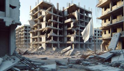 Bâtiments en ruines à Gaza avec un drapeau blanc flotter.