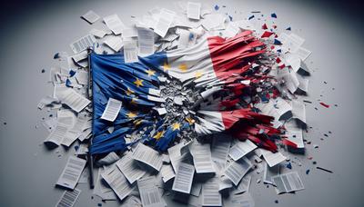 "Bandeira francesa despedaçada com documentos comerciais da UE espalhados."