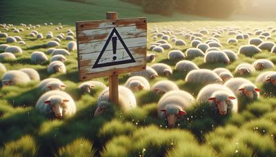 Schapen in een veld met een waarschuwingsbord.