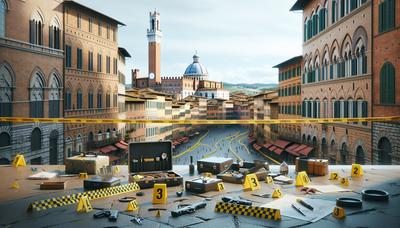 Siena skyline con nastro della polizia e indagine in corso.