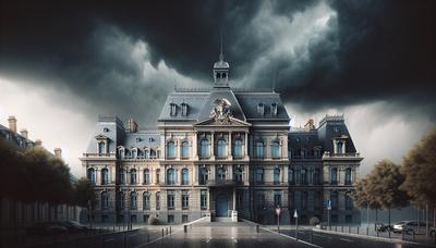 'Edificio gubernamental francés silencioso con nubes oscuras y tormentosas.'