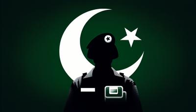 Silhouet van militaire figuur tegen Pakistaanse vlag als achtergrond.