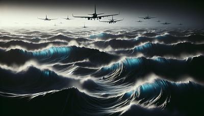 Silhuetas de aviões sobre as ondas turbulentas de um oceano escuro.