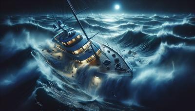 Yacht che affonda in mare tempestoso di notte.