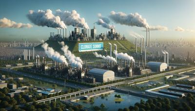 Skyline met industriële emissies en klimaattopbanner.