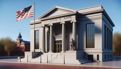 Exterior del museo de la esclavitud con la bandera de Estados Unidos cerca.