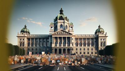 Budynek parlamentu słowackiego z transparentami protestacyjnymi na zewnątrz.

