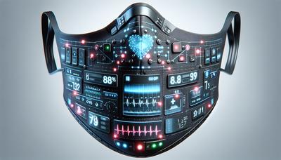 Máscara inteligente com sensores e indicadores de monitoramento de saúde.