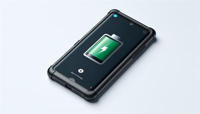 Smartphone avec icône de batterie et coque de protection.