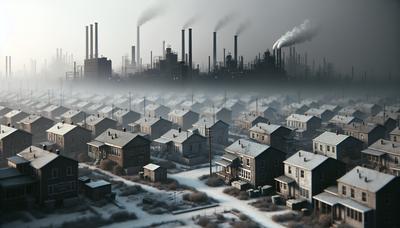 Céu poluído sobre bairro de baixa renda com fundo industrial.