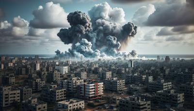 Rook stijgt op boven gebouwen in Gaza na luchtaanval.