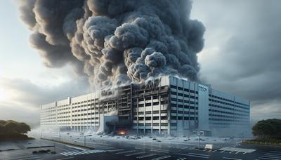 Fumo che si alza dall'edificio danneggiato della fabbrica Toyota.