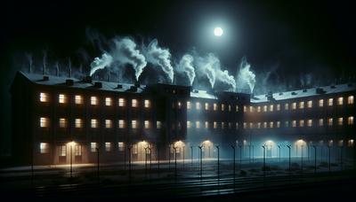 Humo saliendo de las ventanas del centro de detención por la noche.