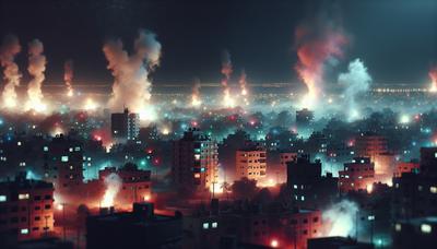 Fumo che si alza sopra gli edifici di Gaza durante un'incursione notturna.

