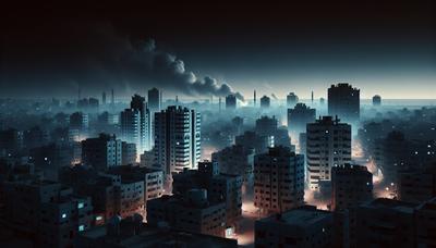 Humo elevándose sobre los edificios de la ciudad de Gaza por la noche.