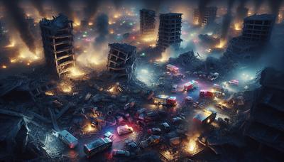 Brandende gebouwen, puin en hulpverleningsvoertuigen 's nachts.
