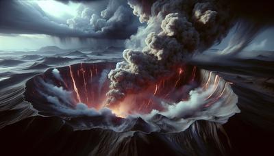 Cratère de volcan fumant avec des nuages sombres et menaçants au-dessus.