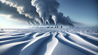 Paisaje ártico cubierto de nieve con humo industrial en el fondo.