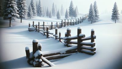 Schneeüberzogene Grenzlandschaft mit einem teilweise gebauten Zaun.