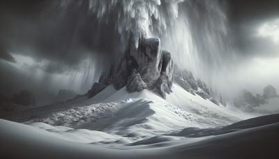 Montagna coperta di neve durante una violenta bufera di neve nelle Dolomiti.