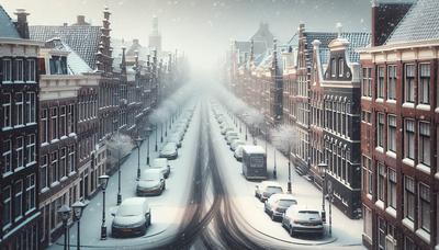 Met sneeuw bedekte wegen en auto's in de stad Groningen.