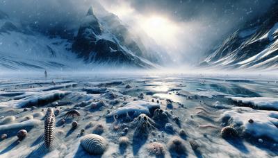 Terra antiga coberta de neve com organismos multicelulares emergentes prosperando.