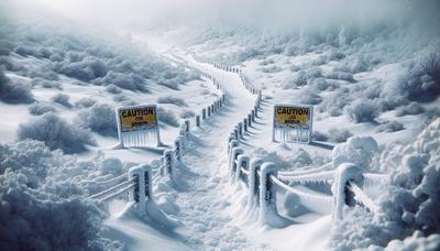 Paisaje fronterizo nevado con señales de precaución y senderos.