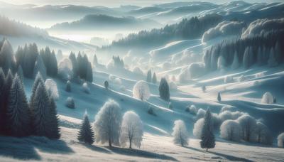 Paesaggio italiano innevato con alberi ghiacciati e colline.