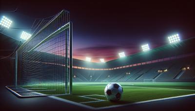 Ballon de football près du filet de but dans le stade au crépuscule.