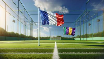 Terrain de football avec les drapeaux de la France et de l'adversaire affichés.