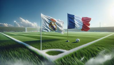 Terrain de football avec les drapeaux du Real Madrid et de la France.