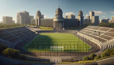 Fußballstadion mit Regierungsgebäuden im Hintergrund