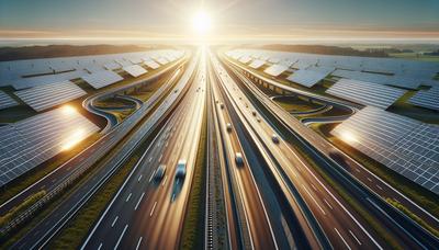 Solarmodule entlang der weitläufigen deutschen Autobahnen unter Sonnenlicht.