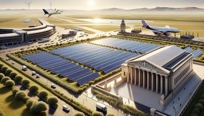 Painéis solares com aeroporto e Supremo Tribunal do Reino Unido.