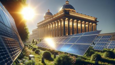 Paneles solares con edificios gubernamentales al fondo.