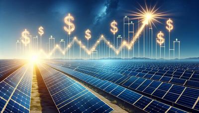 Painéis solares com gráfico de ações em alta e símbolos de dólar.