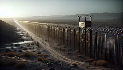 Soldados vigilando la frontera con alambre de púas y señales.