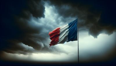 Drapeau français sombre avec un ciel nuageux et sombre en arrière-plan.