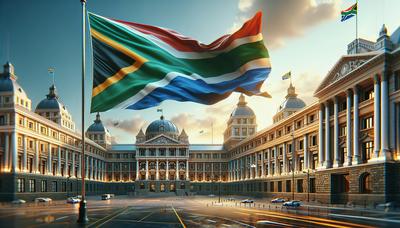 Bandera de Sudáfrica con edificio gubernamental de fondo