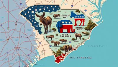 Kaart van South Carolina met Republikeinse en Democratische symbolen.