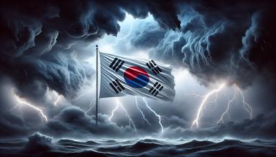 Bandera de Corea del Sur con un fondo de tormenta turbulenta.