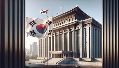 Zuid-Koreaans regeringsgebouw met wapperende nationale vlag.