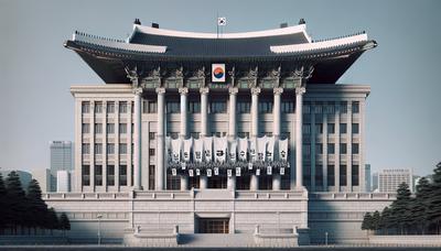 韓国国会議事堂と抗議の横断幕。