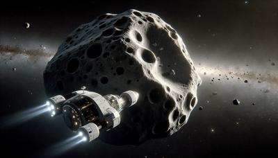 Ruimteschip nadert gewijzigde asteroïde in de diepe ruimte.