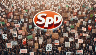 SPD-Logo mit Protestschildern im Hintergrund.