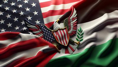 Delade amerikanska och palestinska flaggor ovanför politiska symboler.

