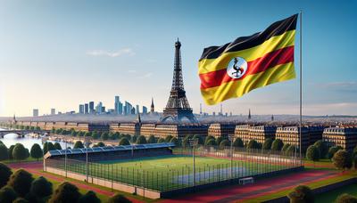 Complexe sportif avec drapeau ougandais et skyline de Paris.