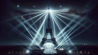 Les projecteurs illuminent le grand final avec la tour Eiffel en arrière-plan.